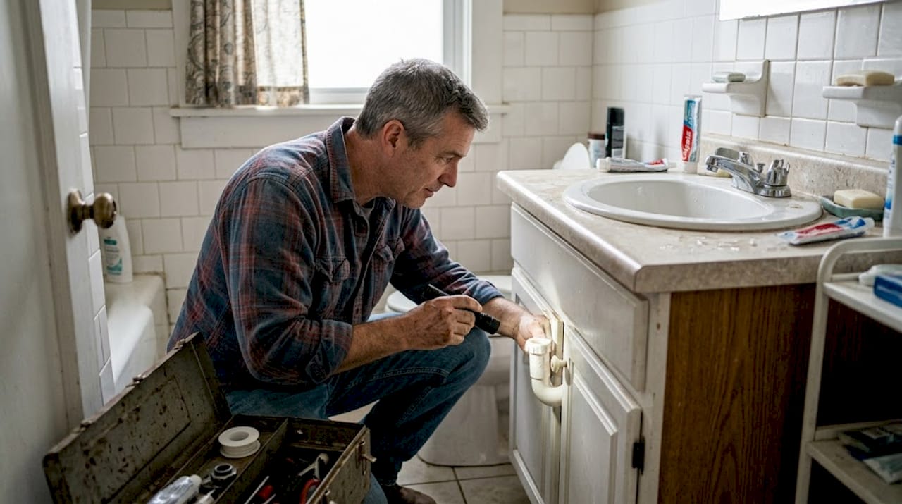 Homeowner checks bathroom sink drainage