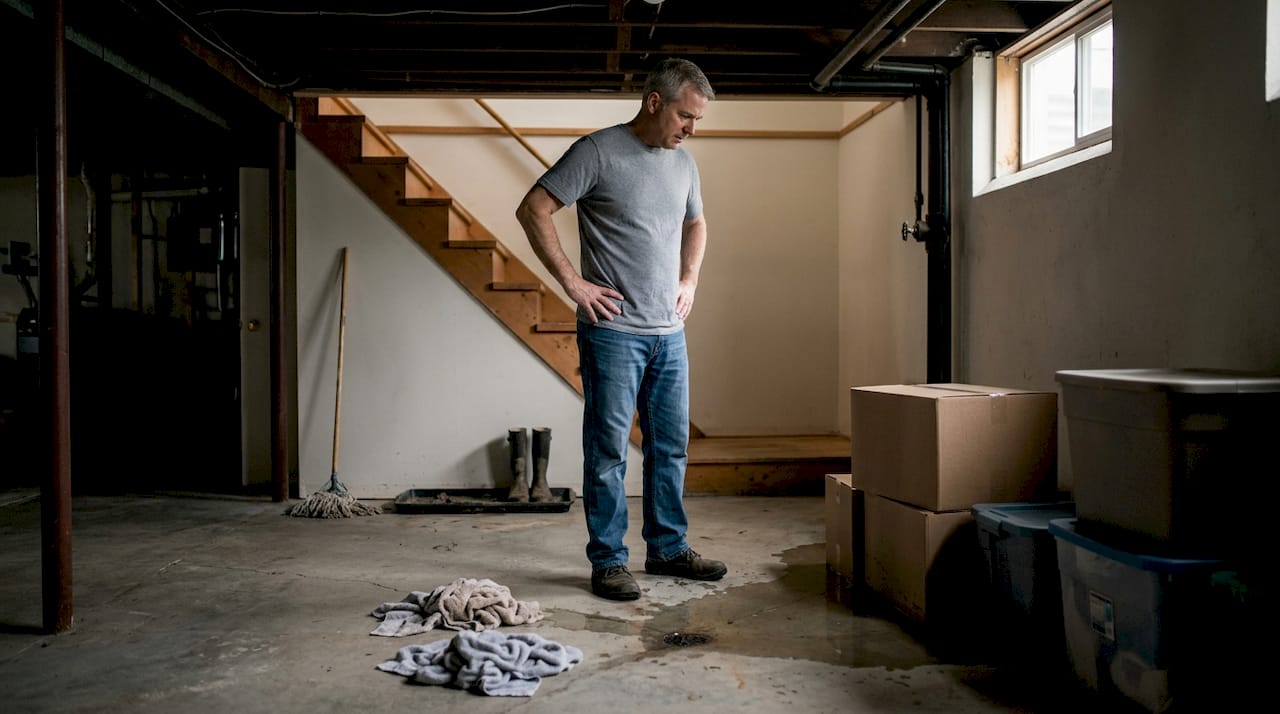 Homeowner inspecting minor basement sewer backup