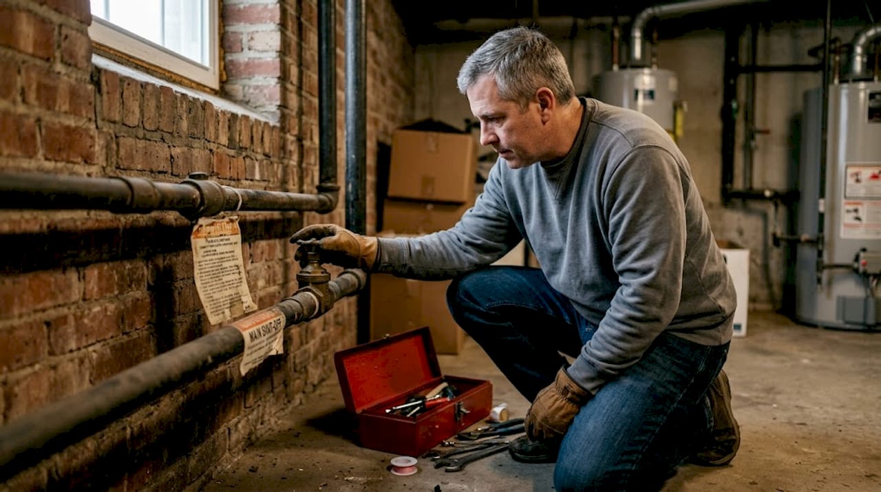 Homeowner checks main water shut-off valve