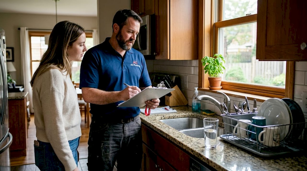 Plumber and homeowner discuss kitchen sink repair