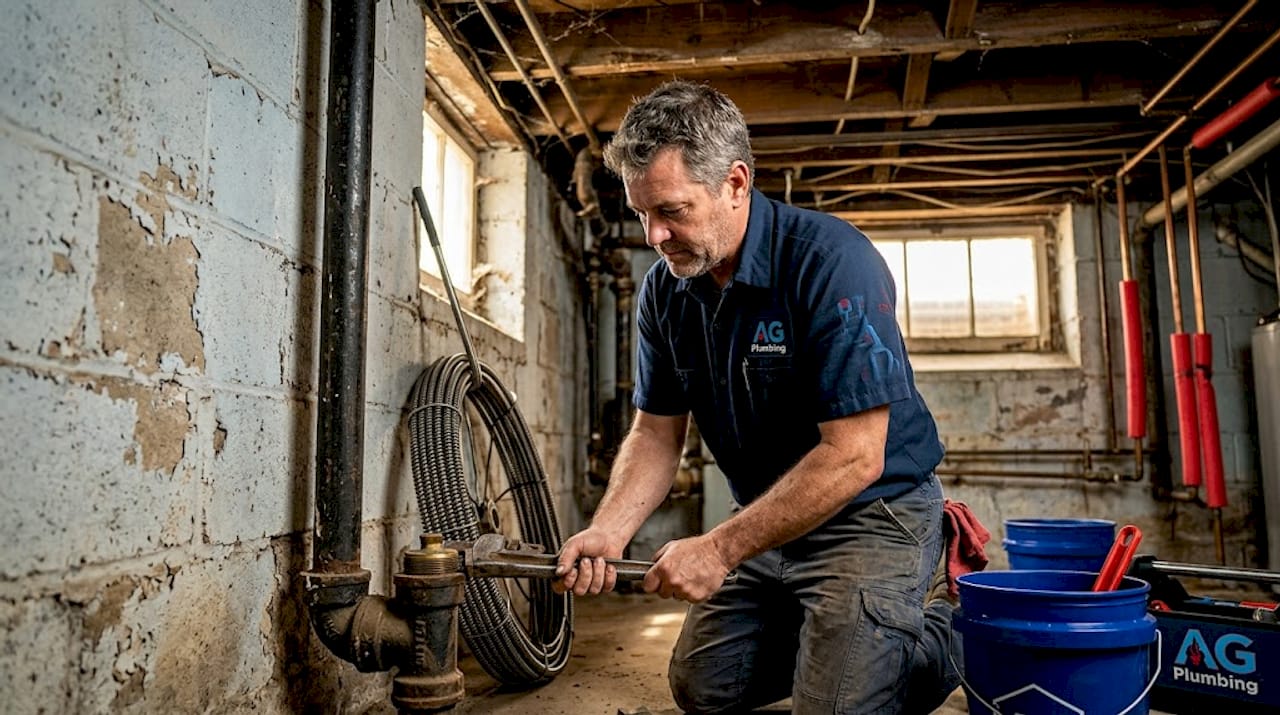 Plumber opening cleanout plug in Pittsburgh basement