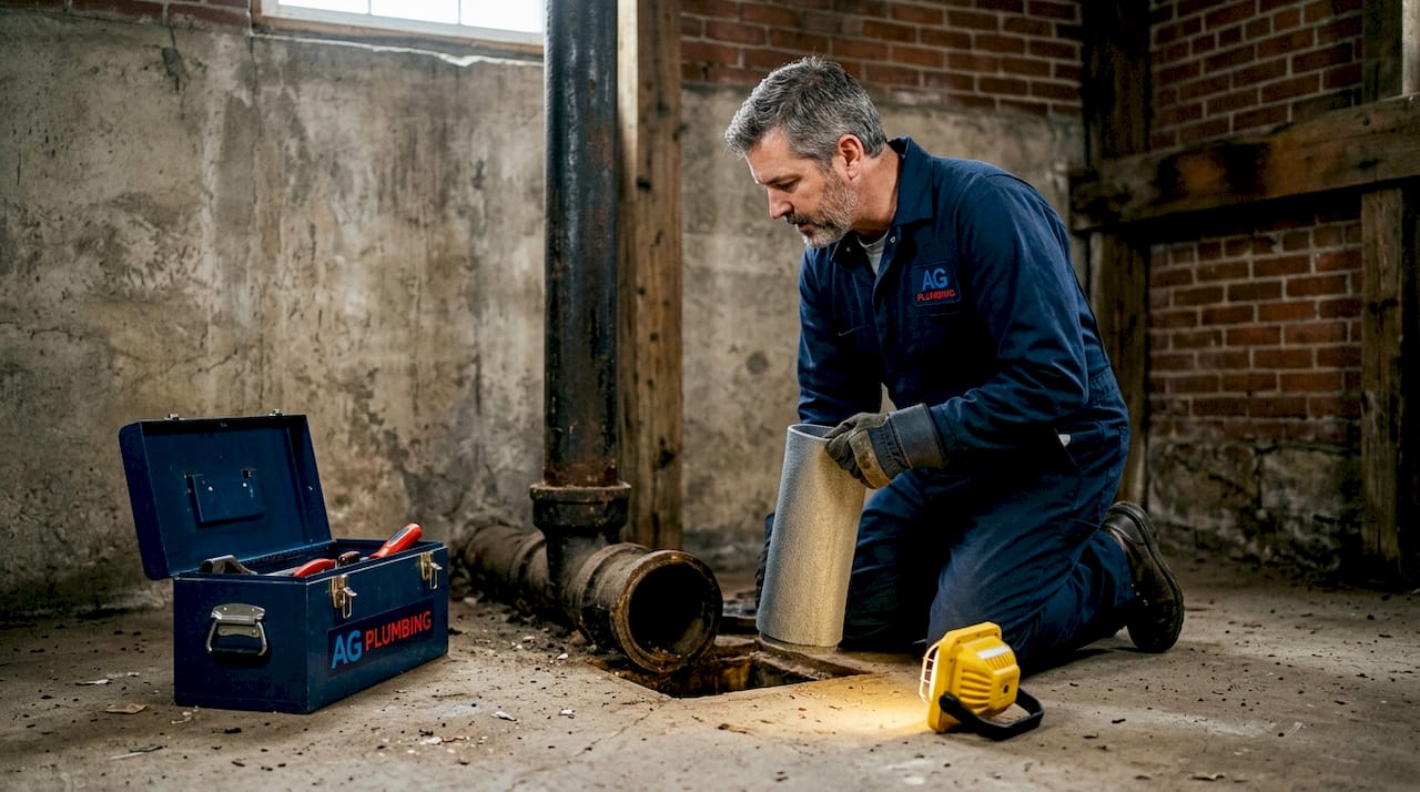 Plumber inspecting pipe in Pittsburgh basement