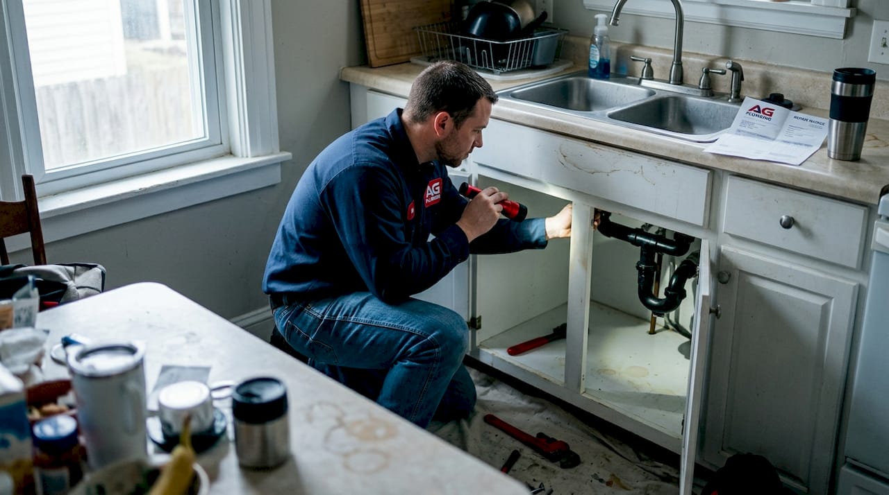 Plumber inspecting pipes in a Pittsburgh home kitchen