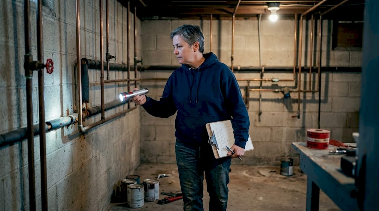 Homeowner inspecting basement pipes for winter