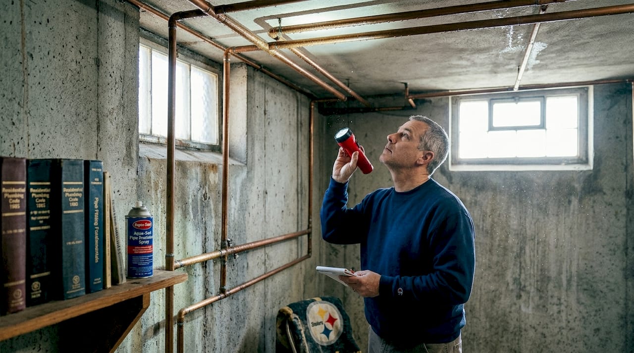 Homeowner inspecting pipes for winter damage