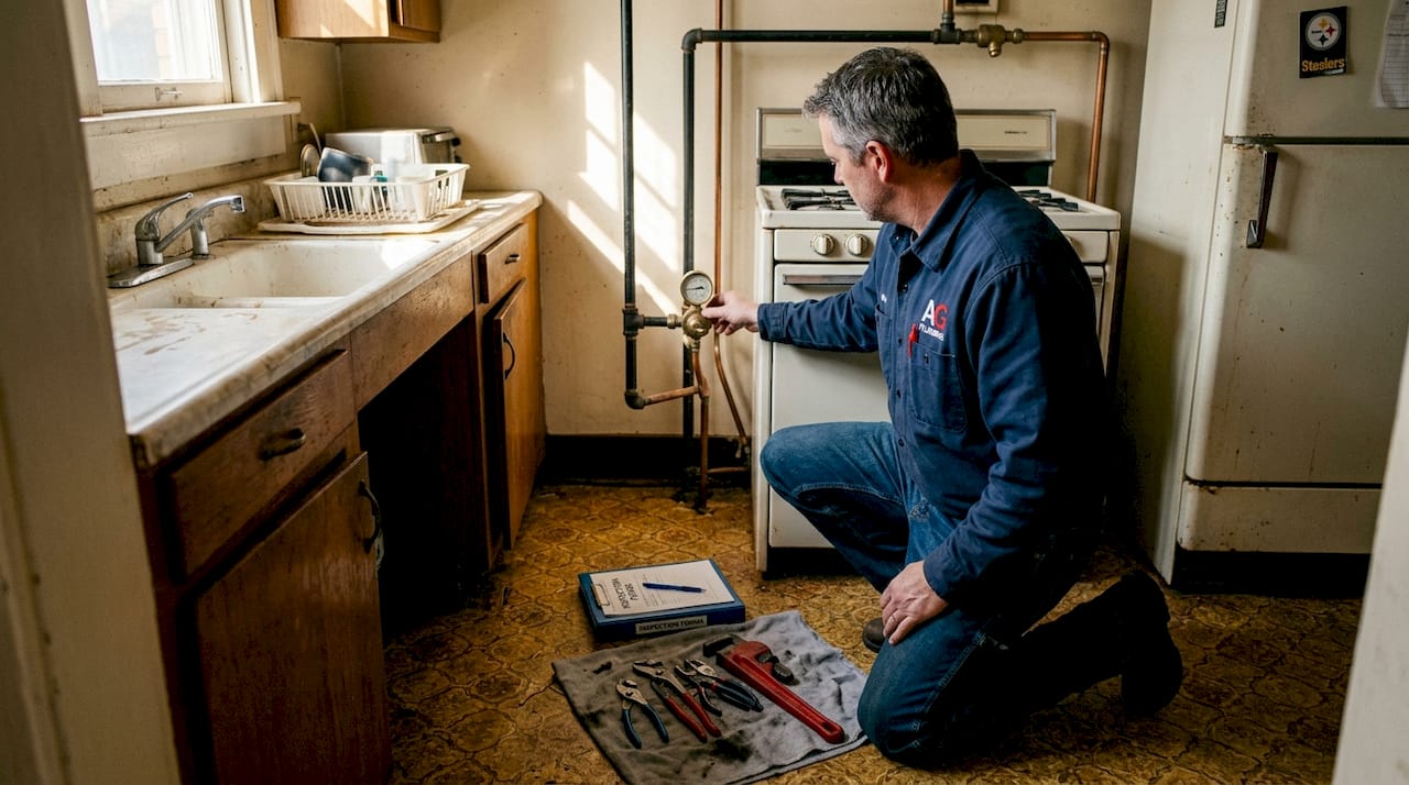 Plumber inspecting gas line in Pittsburgh kitchen