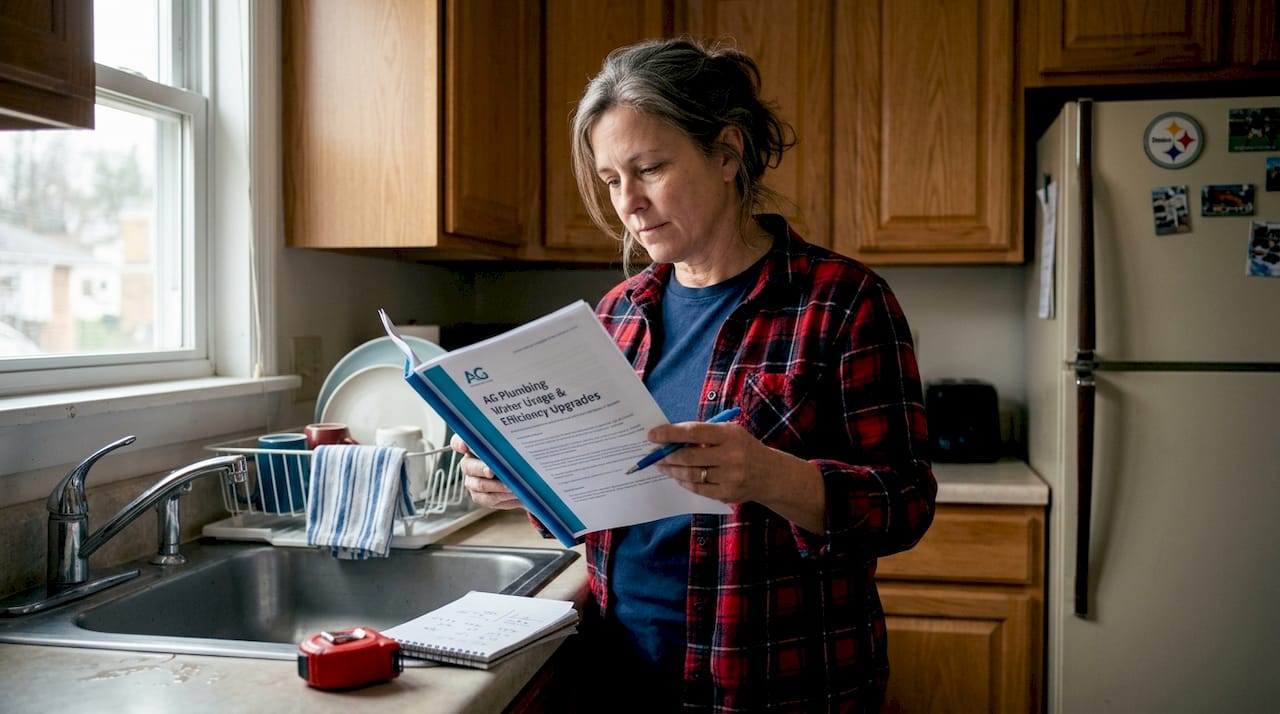 Homeowner reviewing plumbing upgrade report
