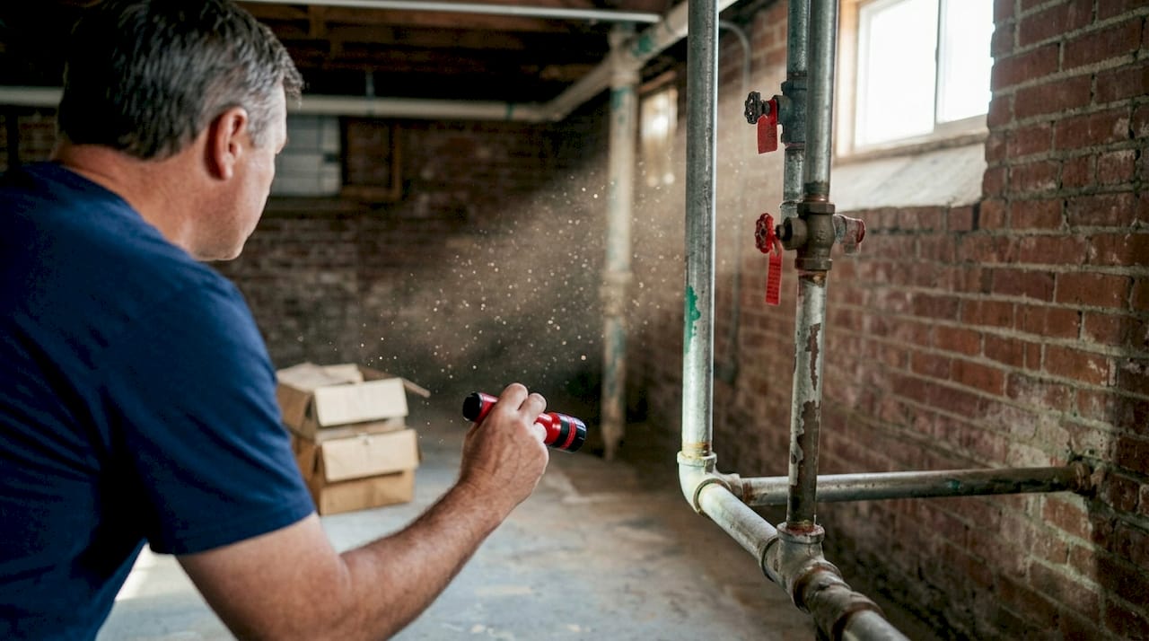 Homeowner inspecting basement pipe for leaks