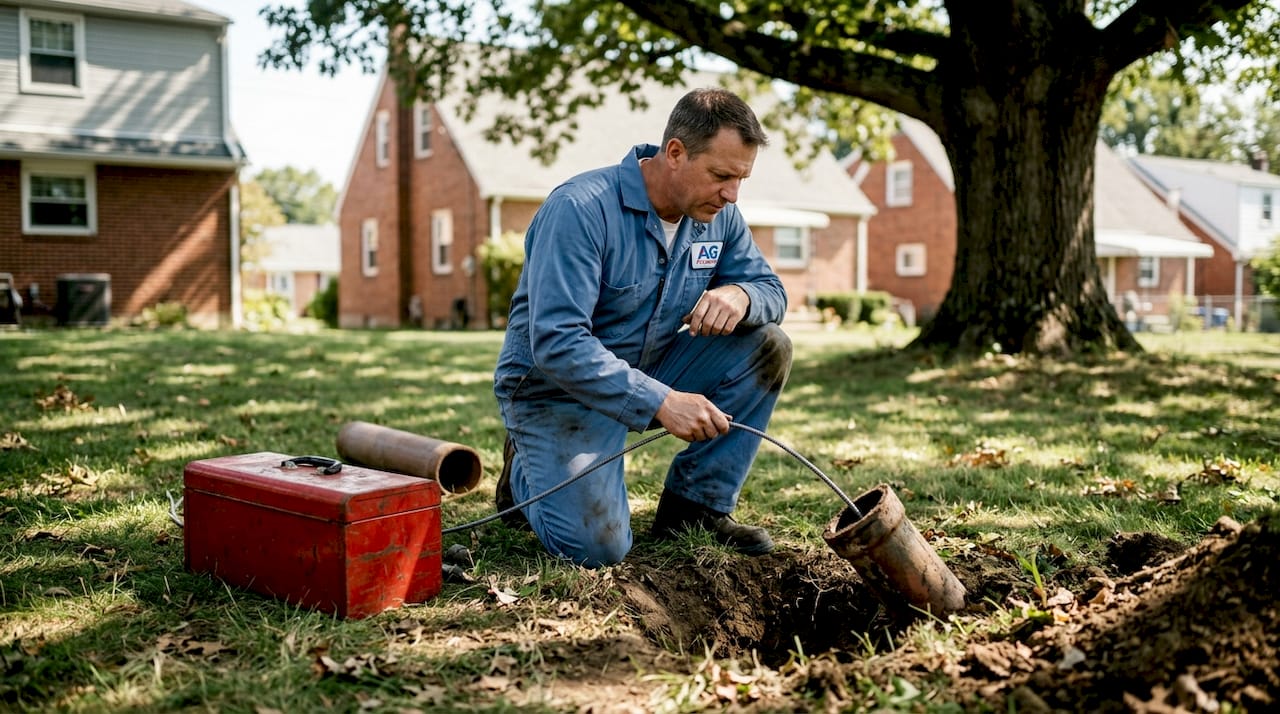Plumber preparing pipe bursting setup outdoors