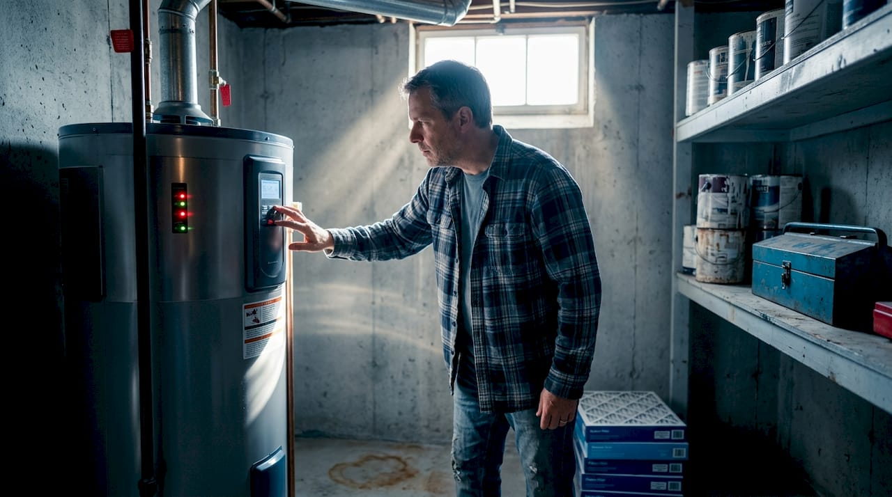 Homeowner inspecting basement water heater