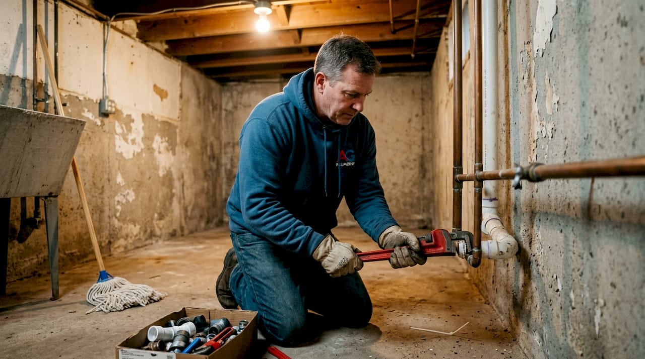 Homeowner repairing pipe in Pittsburgh basement