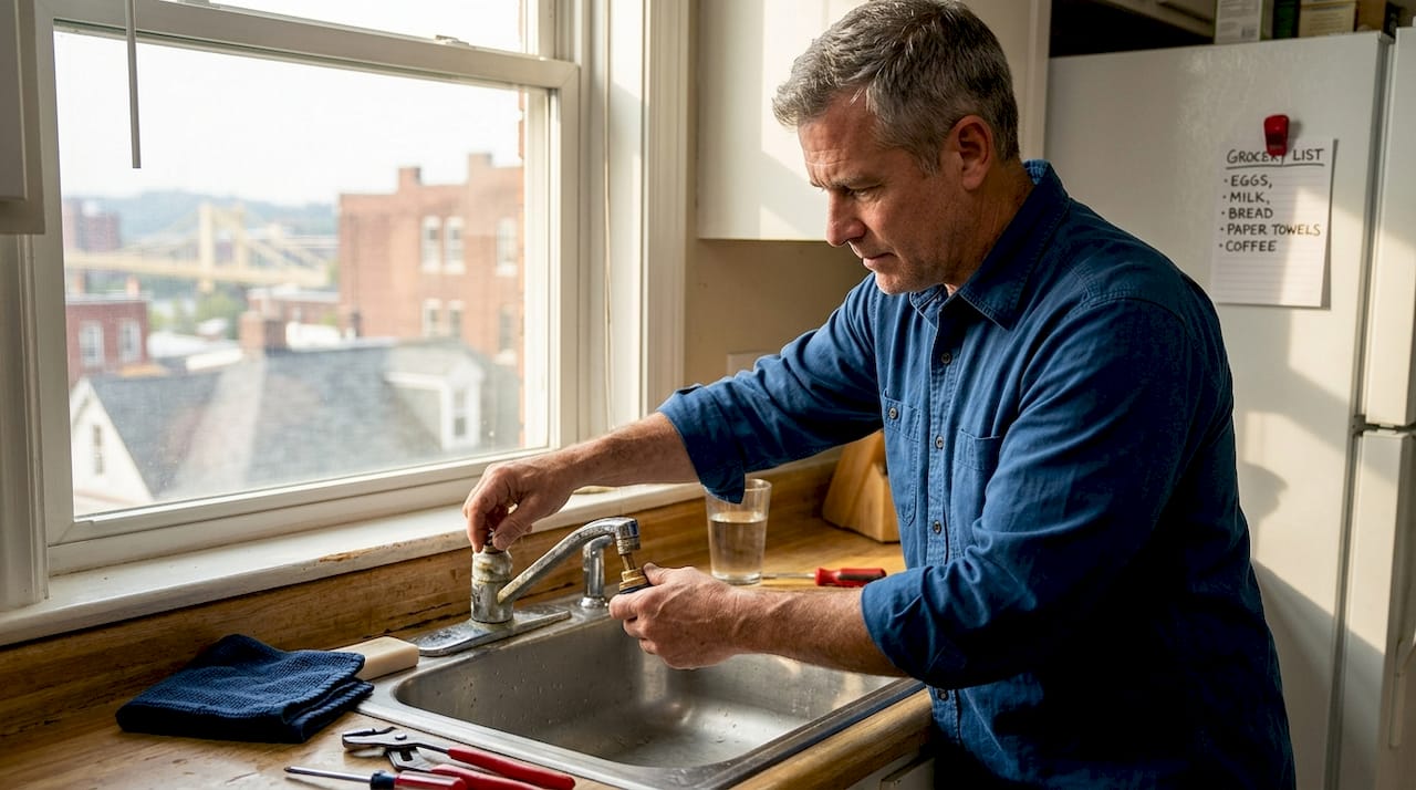 Homeowner repairing kitchen faucet in Pittsburgh