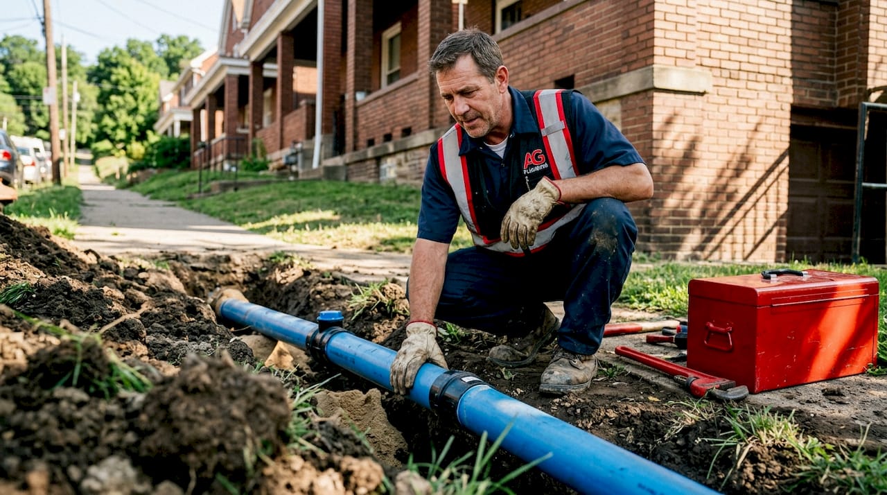 Plumber examining main water line trench