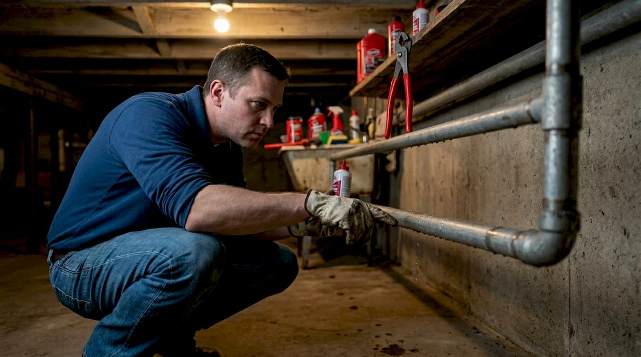 Homeowner examines condensation on cold basement pipe