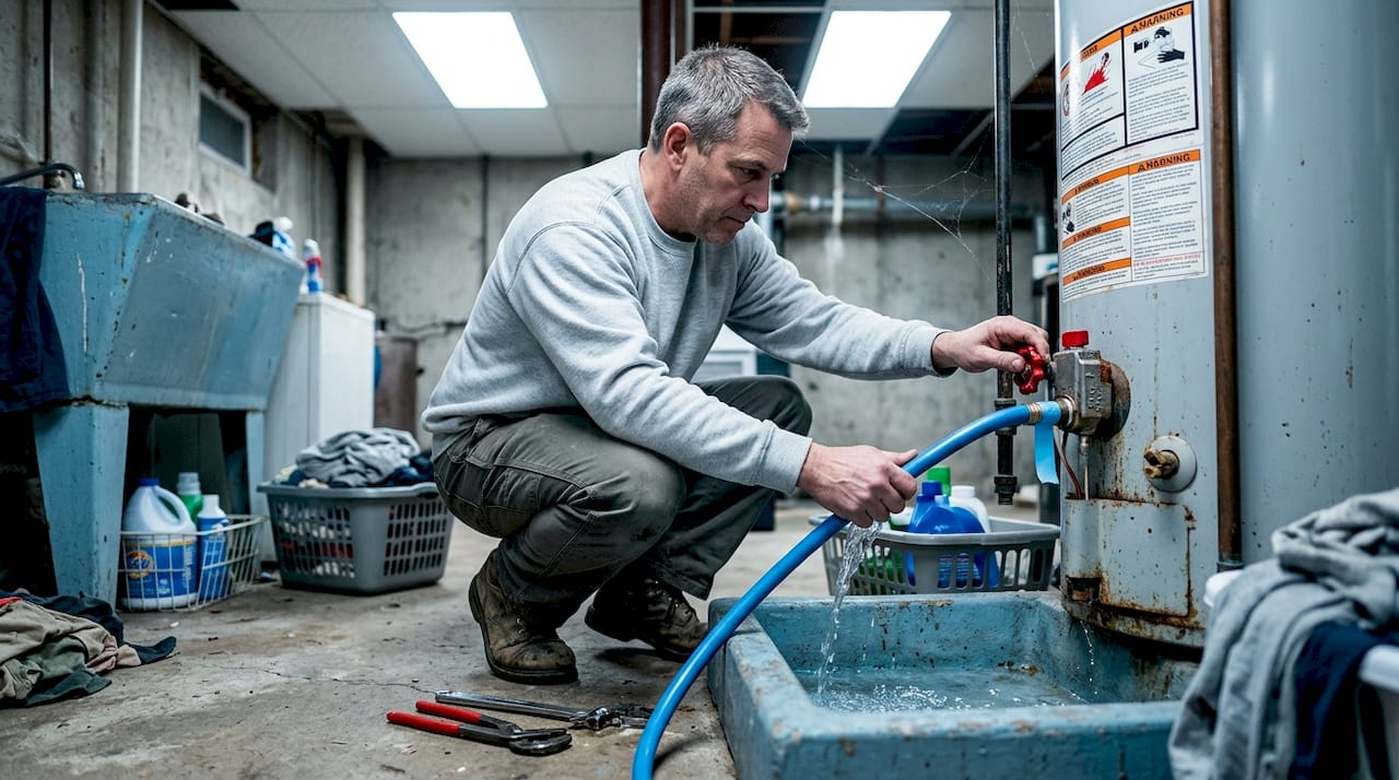 Homeowner flushing water heater in basement