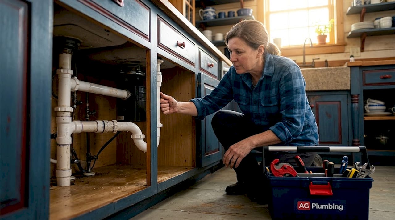 Homeowner checking PVC pipes under sink