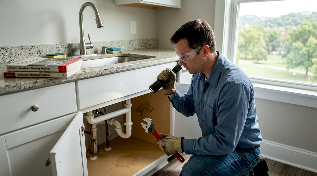 Homeowner inspecting kitchen plumbing with safety gear