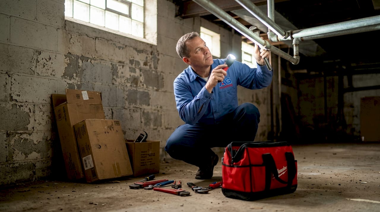 Plumber checking pipes in Pittsburgh basement
