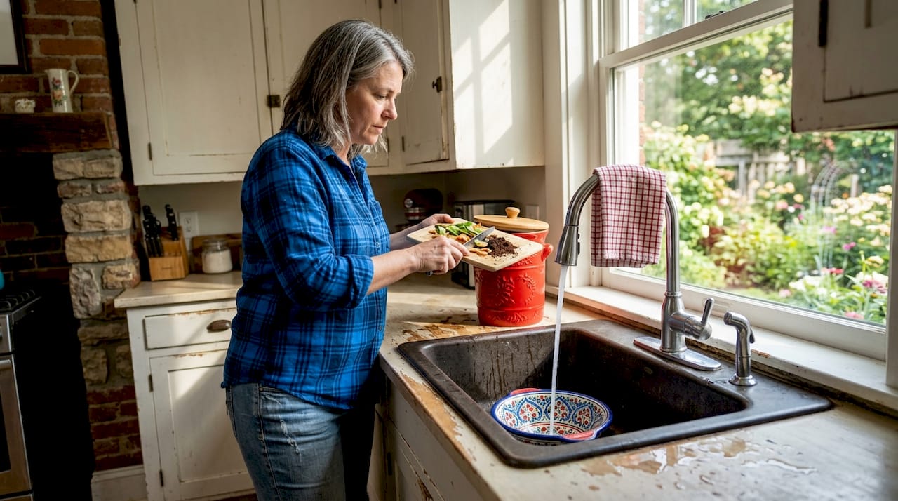 Homeowner scraping dishes at kitchen sink