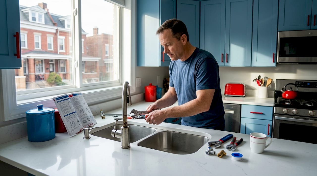 Homeowner replacing old faucet in Pittsburgh kitchen