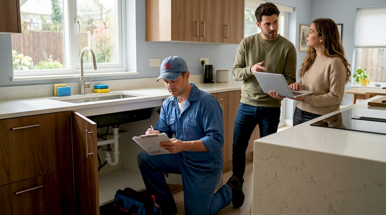 Plumber consulting with homeowners in bright kitchen