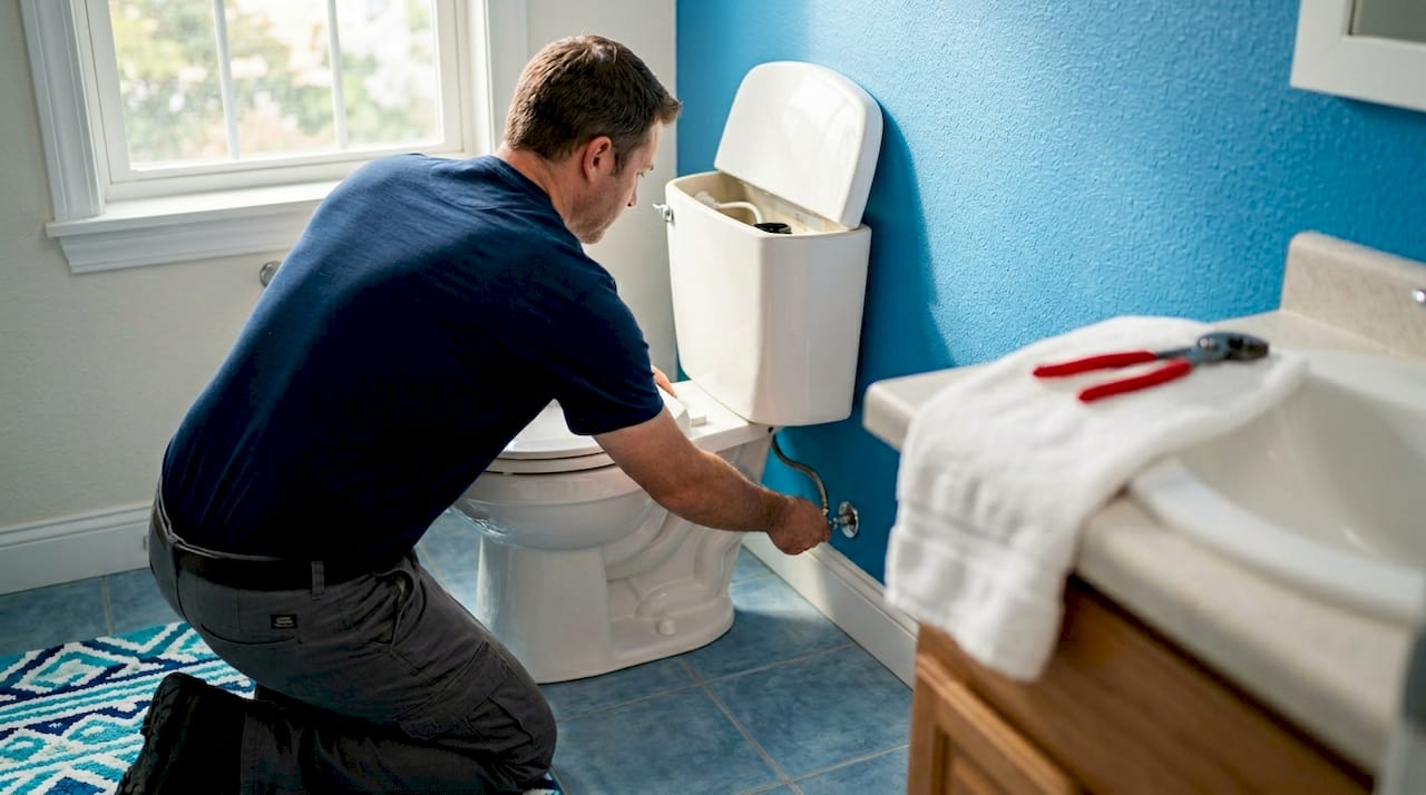 Homeowner turning toilet water shutoff valve