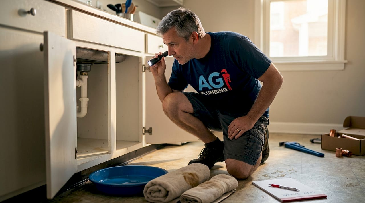 Homeowner inspects leak under kitchen sink