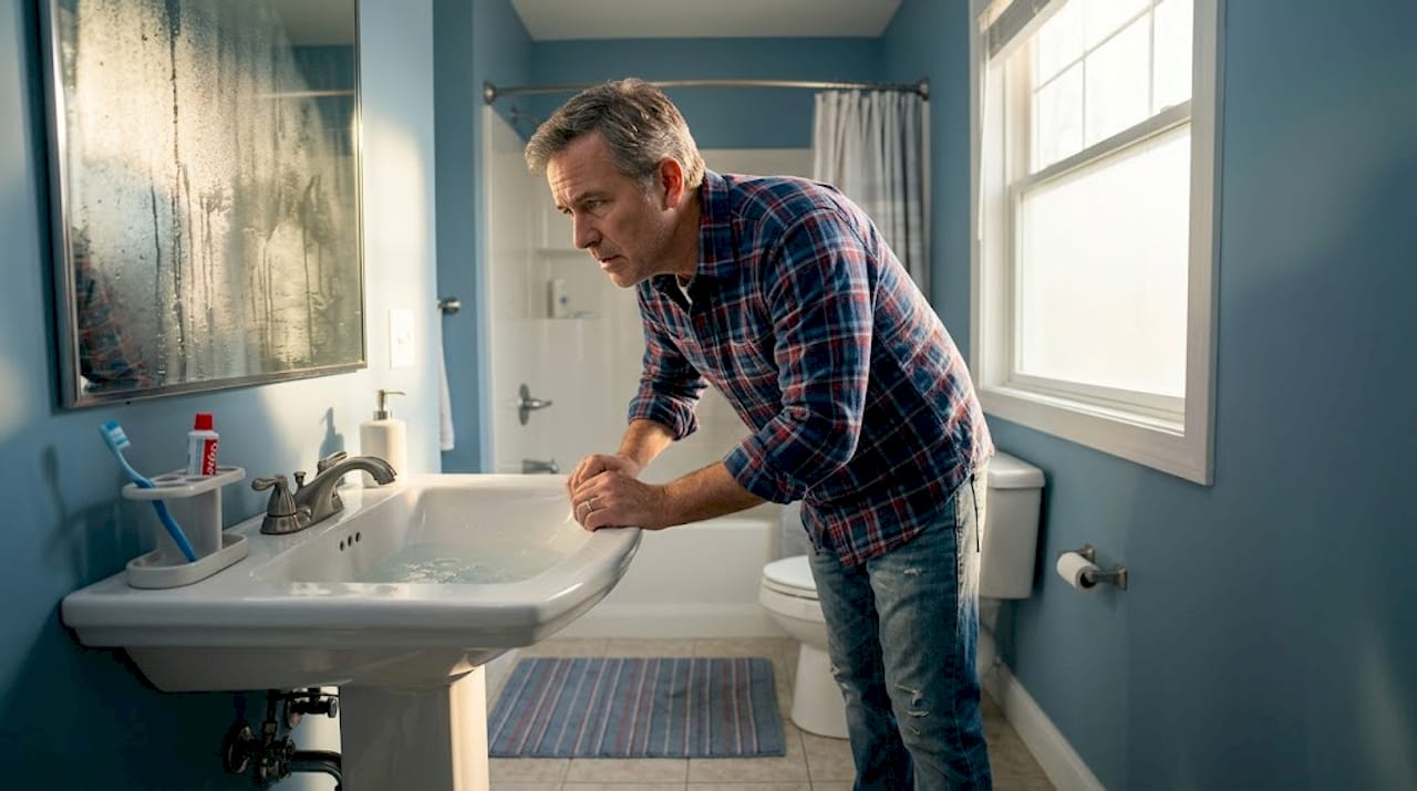 Homeowner checks slow bathroom drain fixtures