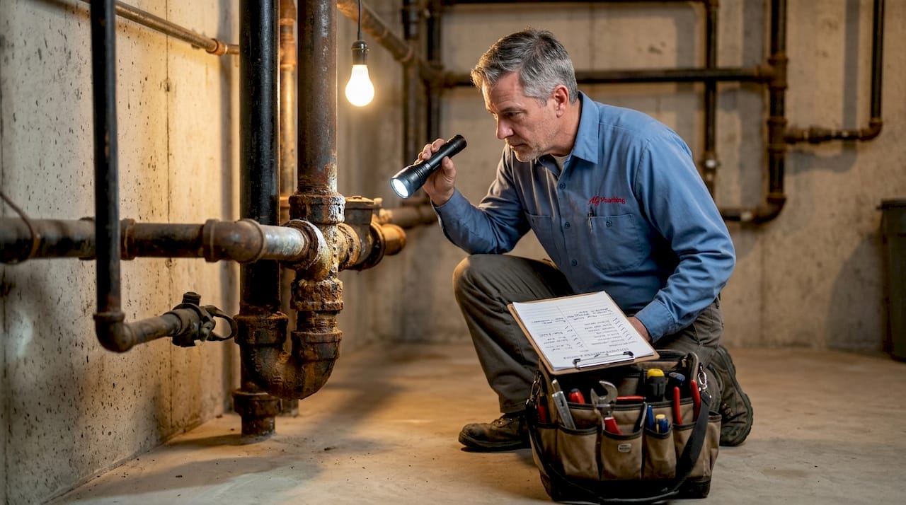 Plumber inspecting old corroded basement pipe
