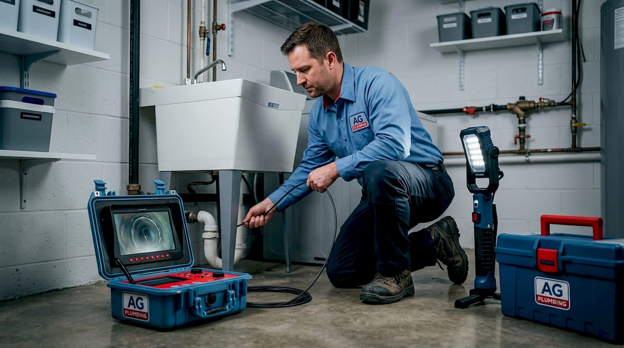 Plumber using CCTV camera for pipe inspection