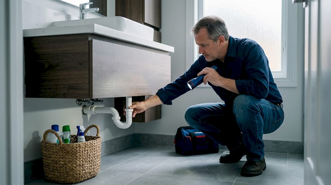 Homeowner inspecting pipes under kitchen sink