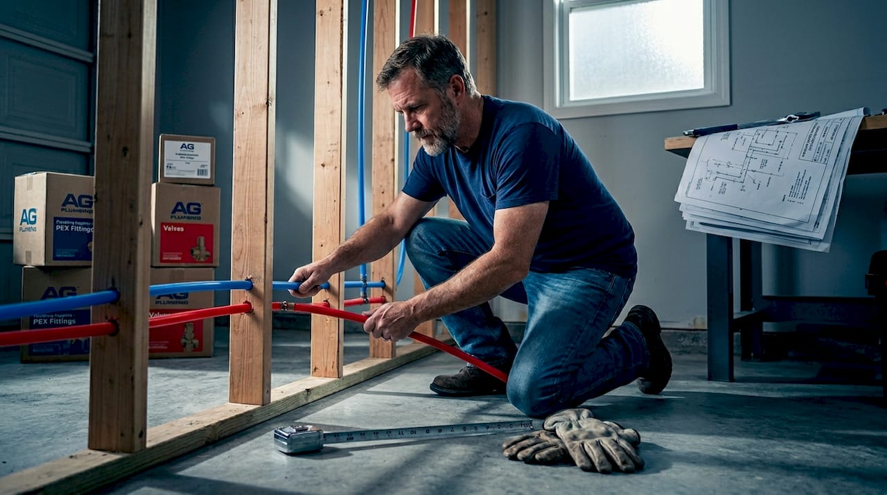 Homeowner installing PEX pipes in bathroom wall