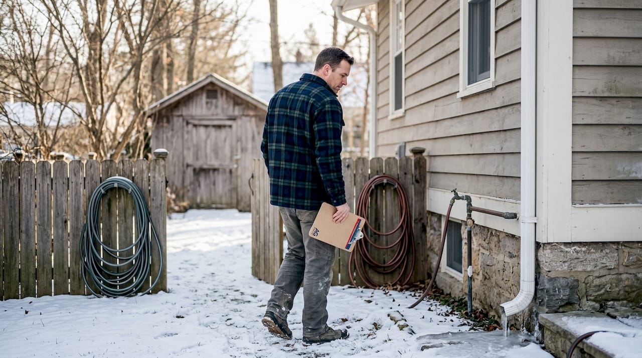 Homeowner checking outdoor pipes in winter