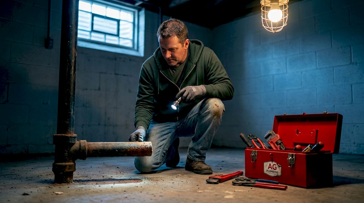 Homeowner examining basement pipes for buildup