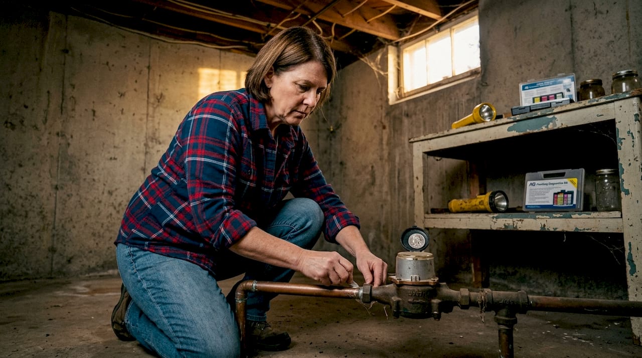 Homeowner checks basement pipes for lead
