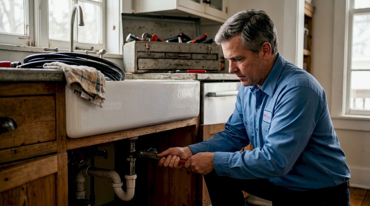 Plumber fixing kitchen sink pipes at home