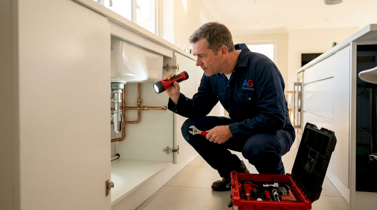 Plumbing technician inspecting kitchen sink pipes