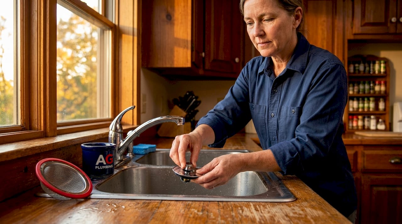 Homeowner cleaning kitchen sink drain stopper