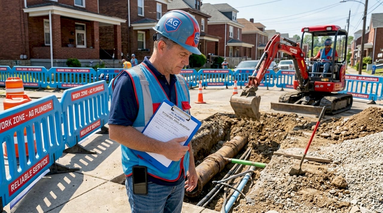 Contractor inspecting water main replacement site