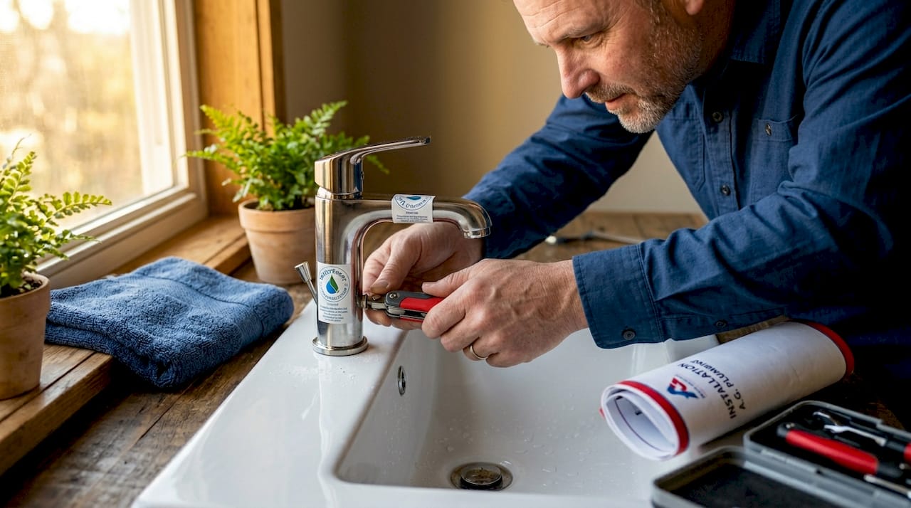 Homeowner inspecting eco-friendly bathroom faucet