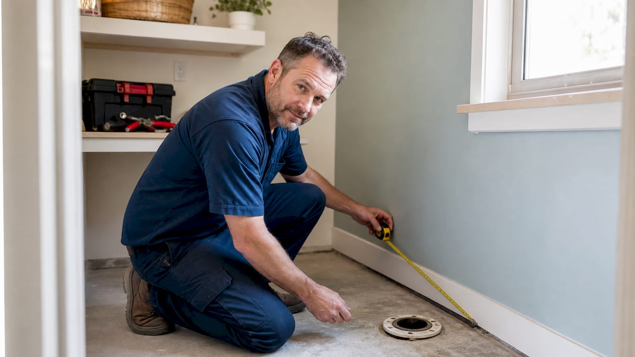 Plumber measuring toilet rough-in distance