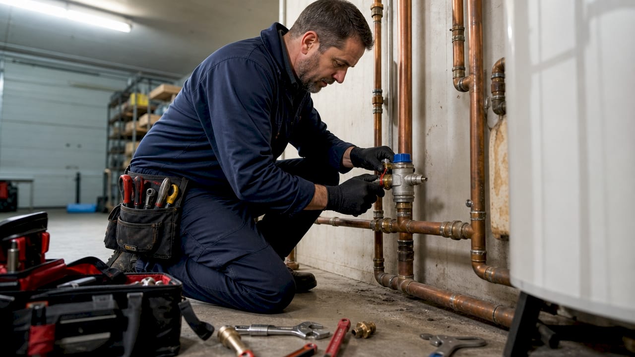 Plumber installing thermostatic mixing valve on pipes