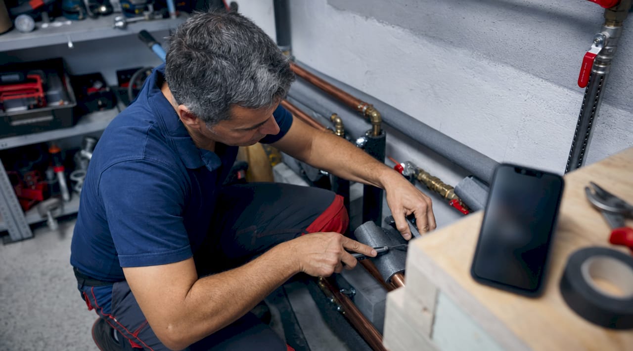 Plumber wrapping pipe insulation in basement