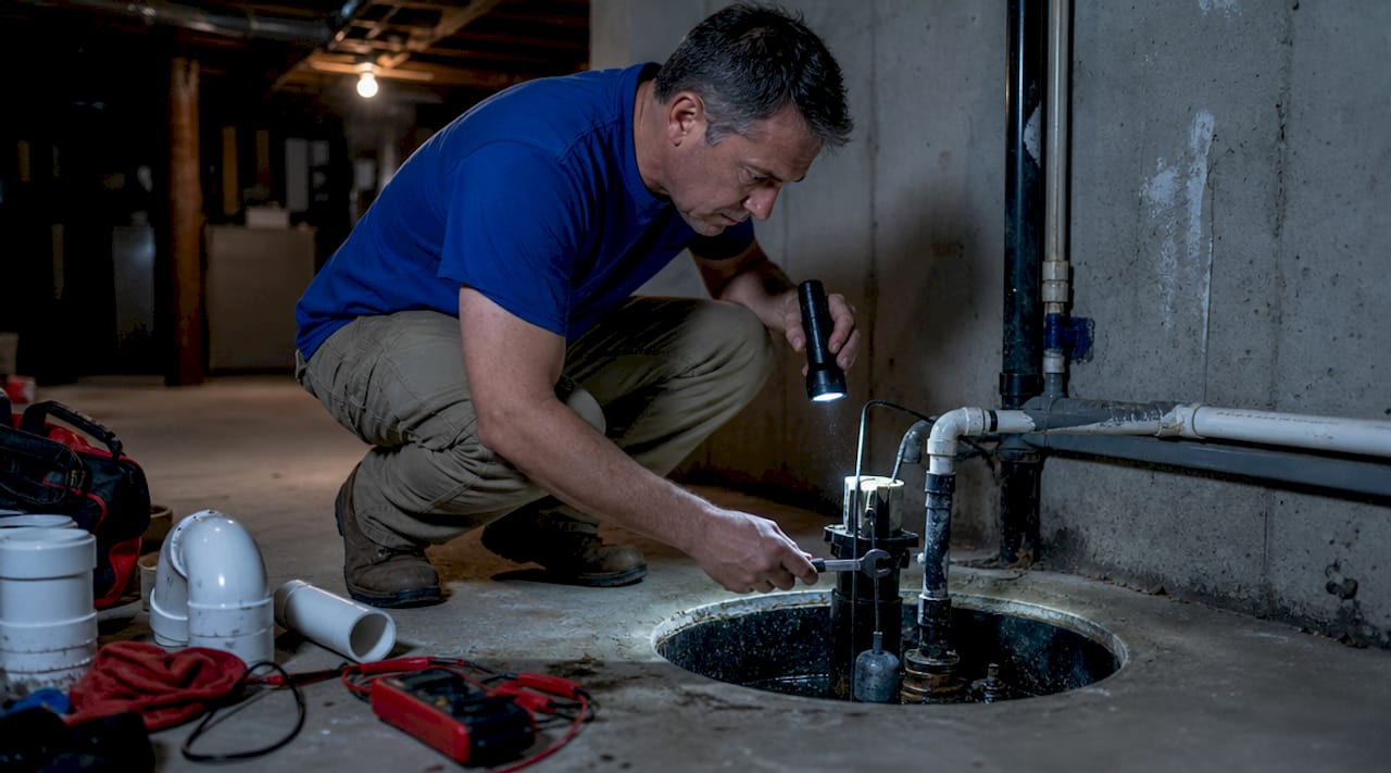 Homeowner repairing sump pump in basement