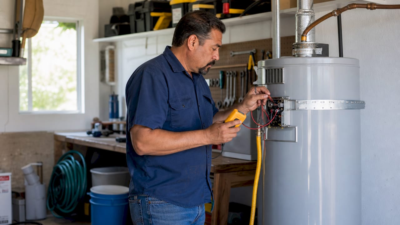 Man testing home water heater wiring