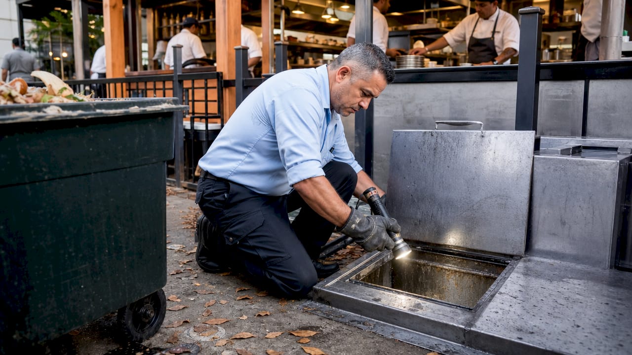 Kitchen manager inspecting grease trap unit