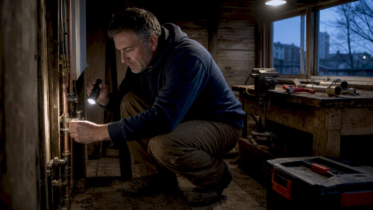 Homeowner inspecting basement plumbing pipes