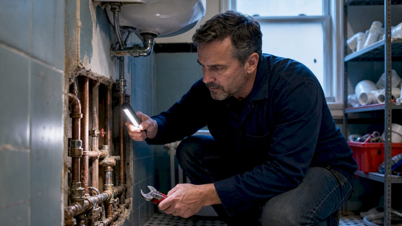 Plumber inspecting copper pipes under sink