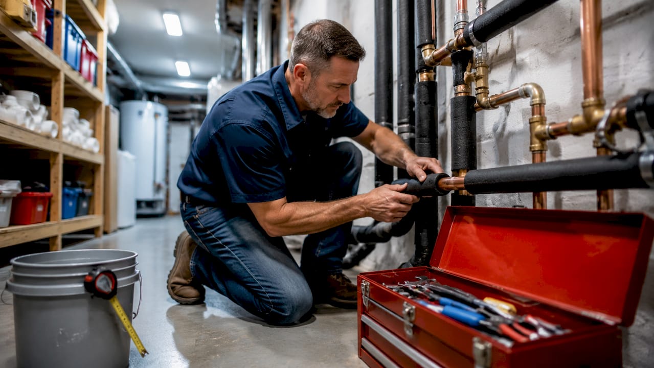 Man insulating basement plumbing pipes