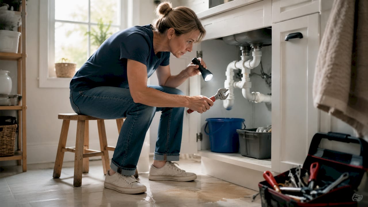 Homeowner inspecting leaking kitchen faucet plumbing